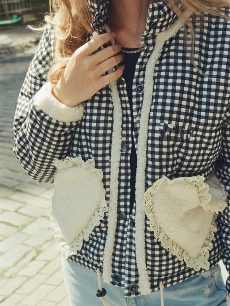 Women Lovely Loose Heart Patterned Parkas 2025 Winter New Long Sleeve Quilted Cotton Padded Jacket Coat Female Cute Outerwear