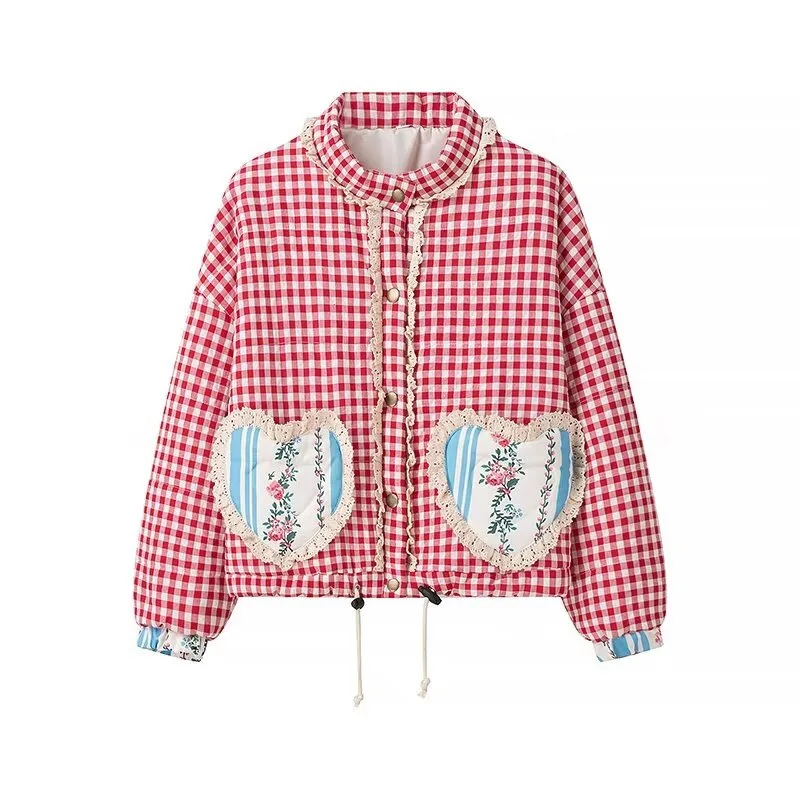 Women Lovely Loose Heart Patterned Parkas 2025 Winter New Long Sleeve Quilted Cotton Padded Jacket Coat Female Cute Outerwear
