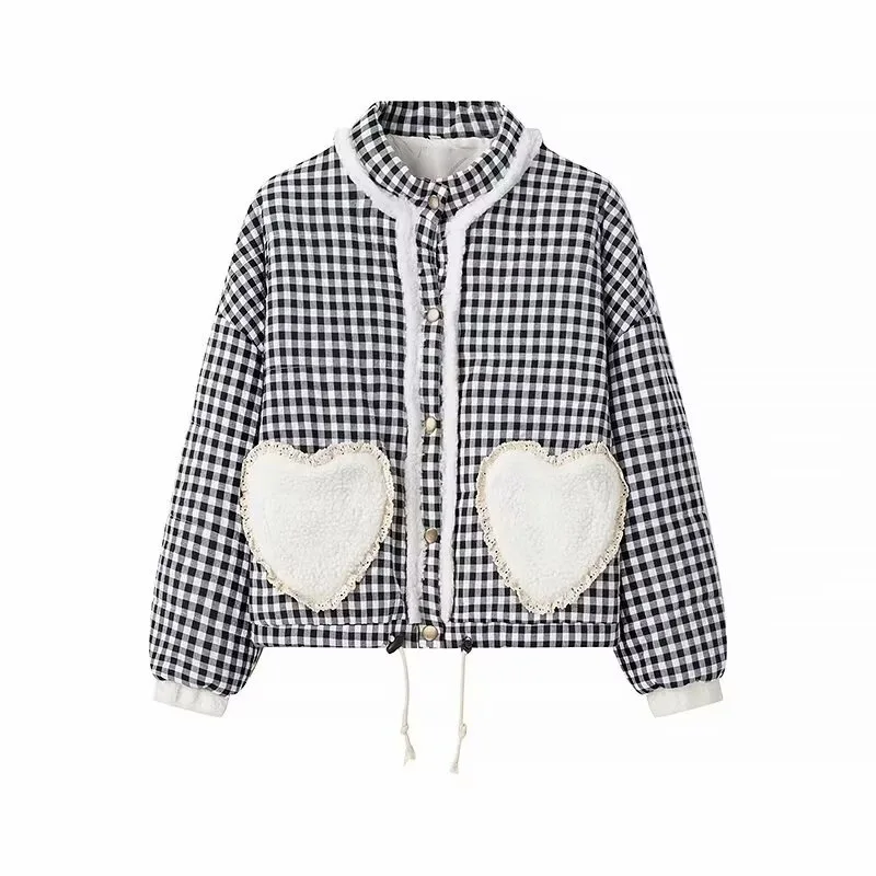 Women Lovely Loose Heart Patterned Parkas 2025 Winter New Long Sleeve Quilted Cotton Padded Jacket Coat Female Cute Outerwear