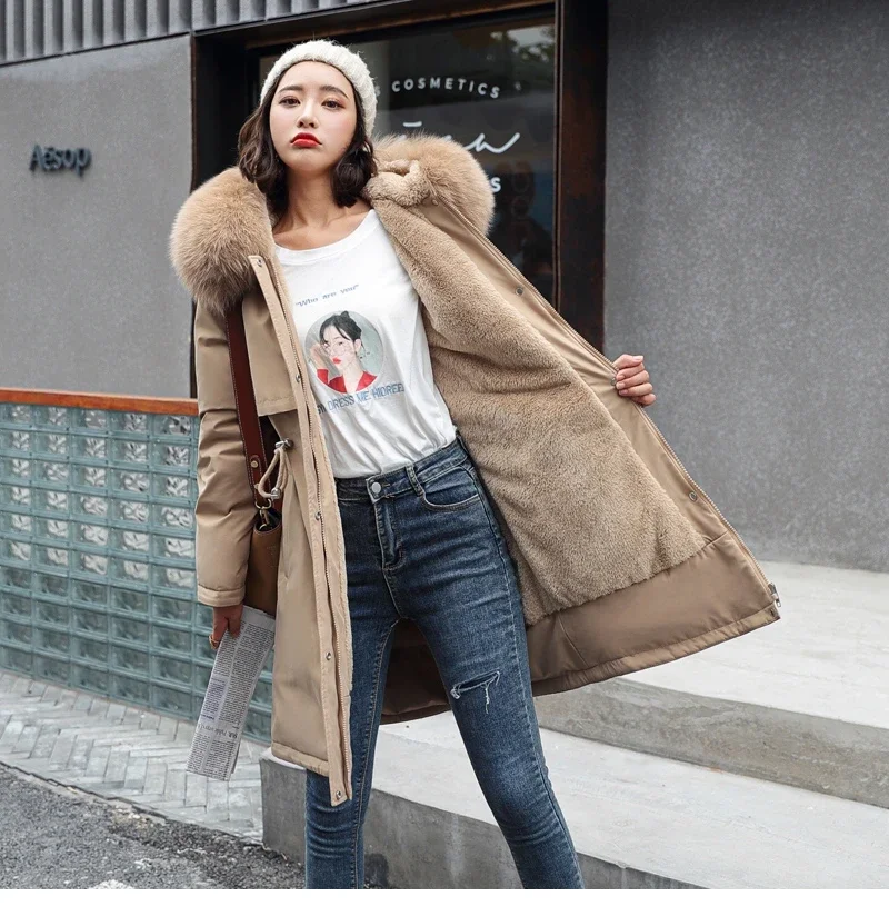Cotton Liner Parker Women Long Coat Parka Coats Adjustable Waist Fur Collar Winter Jacket Coat Medium Long Hooded Parka Jackets