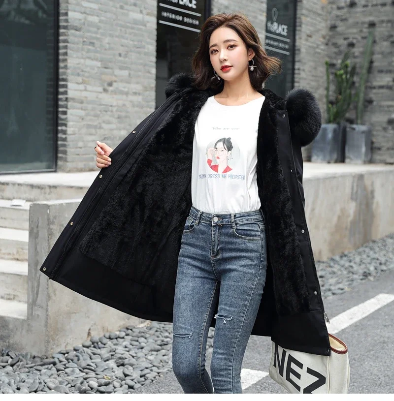 Cotton Liner Parker Women Long Coat Parka Coats Adjustable Waist Fur Collar Winter Jacket Coat Medium Long Hooded Parka Jackets