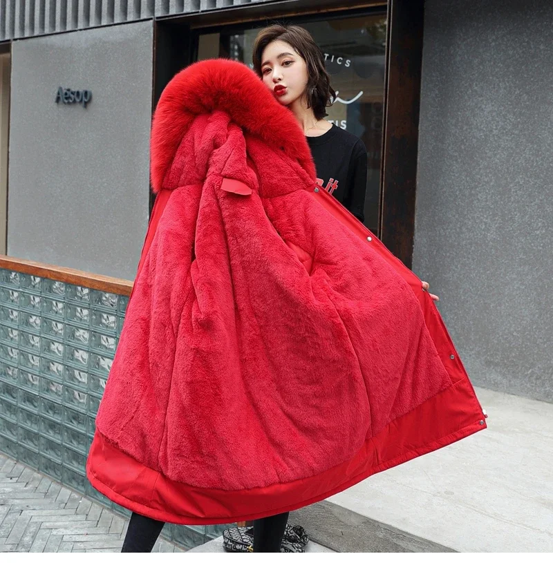 Cotton Liner Parker Women Long Coat Parka Coats Adjustable Waist Fur Collar Winter Jacket Coat Medium Long Hooded Parka Jackets