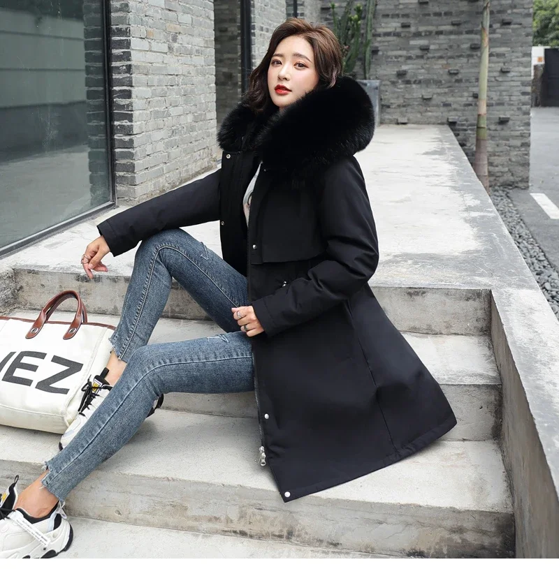 Cotton Liner Parker Women Long Coat Parka Coats Adjustable Waist Fur Collar Winter Jacket Coat Medium Long Hooded Parka Jackets