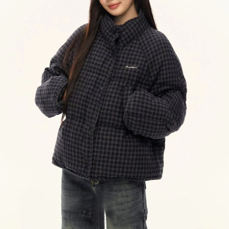 Korean-style Plaid Short Cotton Jacket Thickened Warm Stand Collar Loose Plus-size Winter Jacket Casual Long-sleeve Outerwear