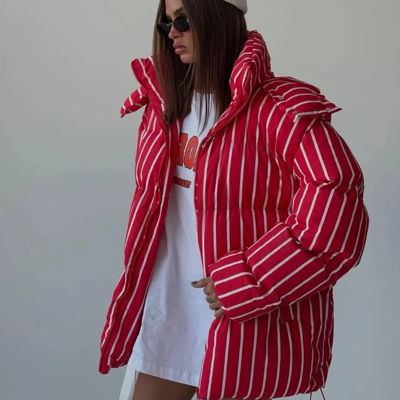 2025 Winter Striped Women's Hooded Quilted Jacket Thicken Zipper Long Sleeve Short Coat New Casual Female Loose Warm Outerwear