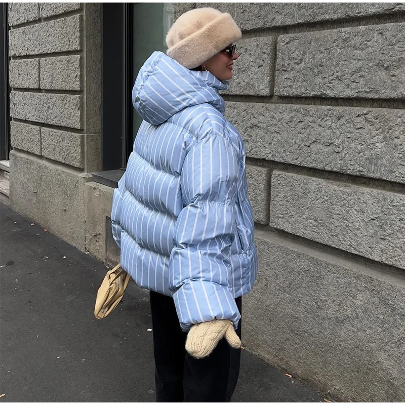 2025 Winter Striped Women's Hooded Quilted Jacket Thicken Zipper Long Sleeve Short Coat New Casual Female Loose Warm Outerwear