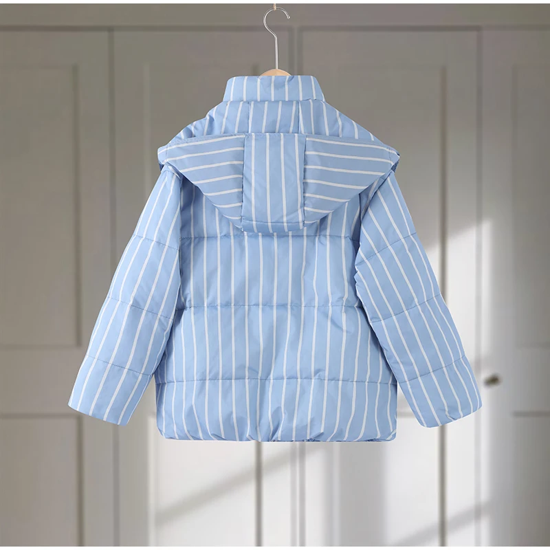 2025 Winter Striped Women's Hooded Quilted Jacket Thicken Zipper Long Sleeve Short Coat New Casual Female Loose Warm Outerwear