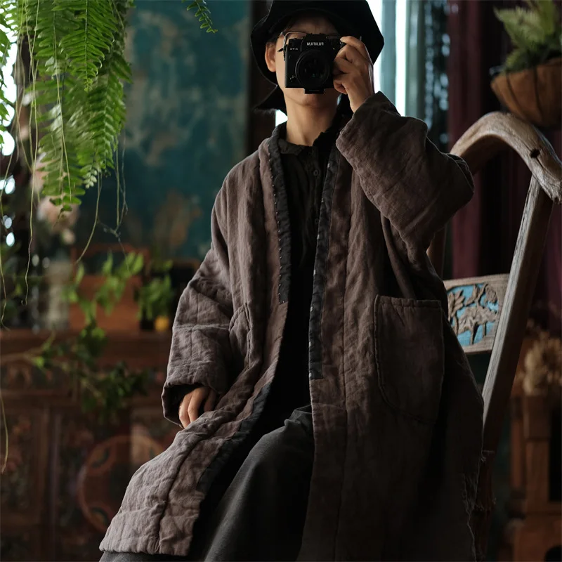 Johnature Women Vintage Cotton Linen Warm Parkas Pockets Blue Loose Patchwork Coats 2025 Autumn Winter New Long Sleeve Parkas