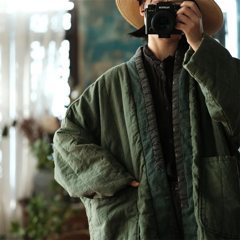 Johnature Women Vintage Cotton Linen Warm Parkas Pockets Blue Loose Patchwork Coats 2025 Autumn Winter New Long Sleeve Parkas