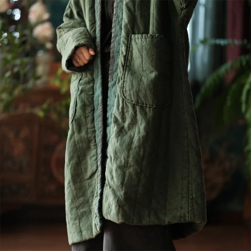 Johnature Women Vintage Cotton Linen Warm Parkas Pockets Blue Loose Patchwork Coats 2025 Autumn Winter New Long Sleeve Parkas