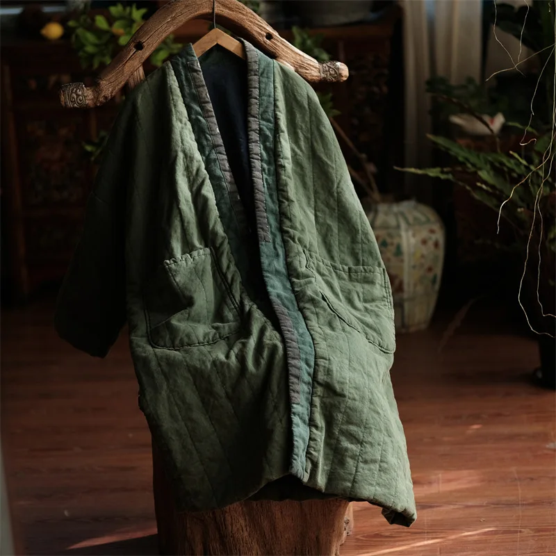Johnature Women Vintage Cotton Linen Warm Parkas Pockets Blue Loose Patchwork Coats 2025 Autumn Winter New Long Sleeve Parkas