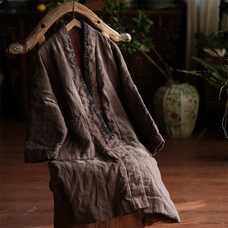 Johnature Women Vintage Cotton Linen Warm Parkas Pockets Blue Loose Patchwork Coats 2025 Autumn Winter New Long Sleeve Parkas