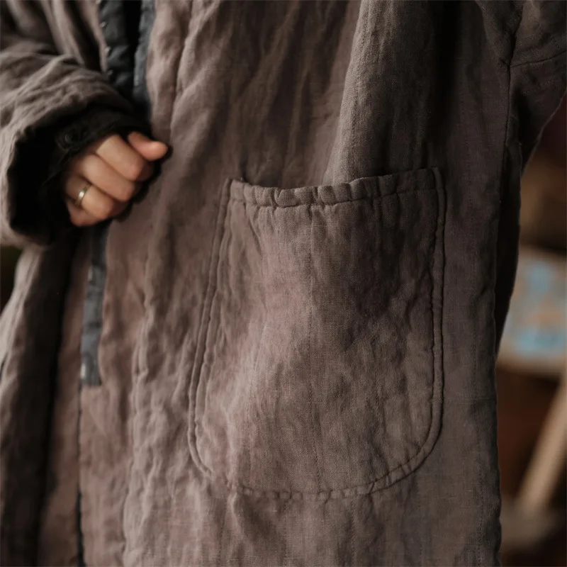 Johnature Women Vintage Cotton Linen Warm Parkas Pockets Blue Loose Patchwork Coats 2025 Autumn Winter New Long Sleeve Parkas