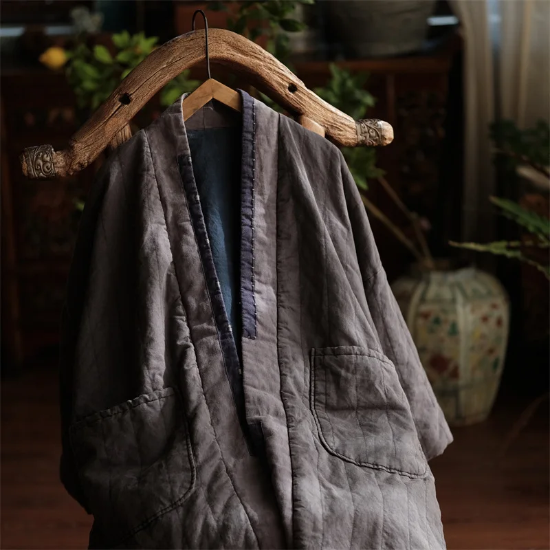 Johnature Women Vintage Cotton Linen Warm Parkas Pockets Blue Loose Patchwork Coats 2025 Autumn Winter New Long Sleeve Parkas