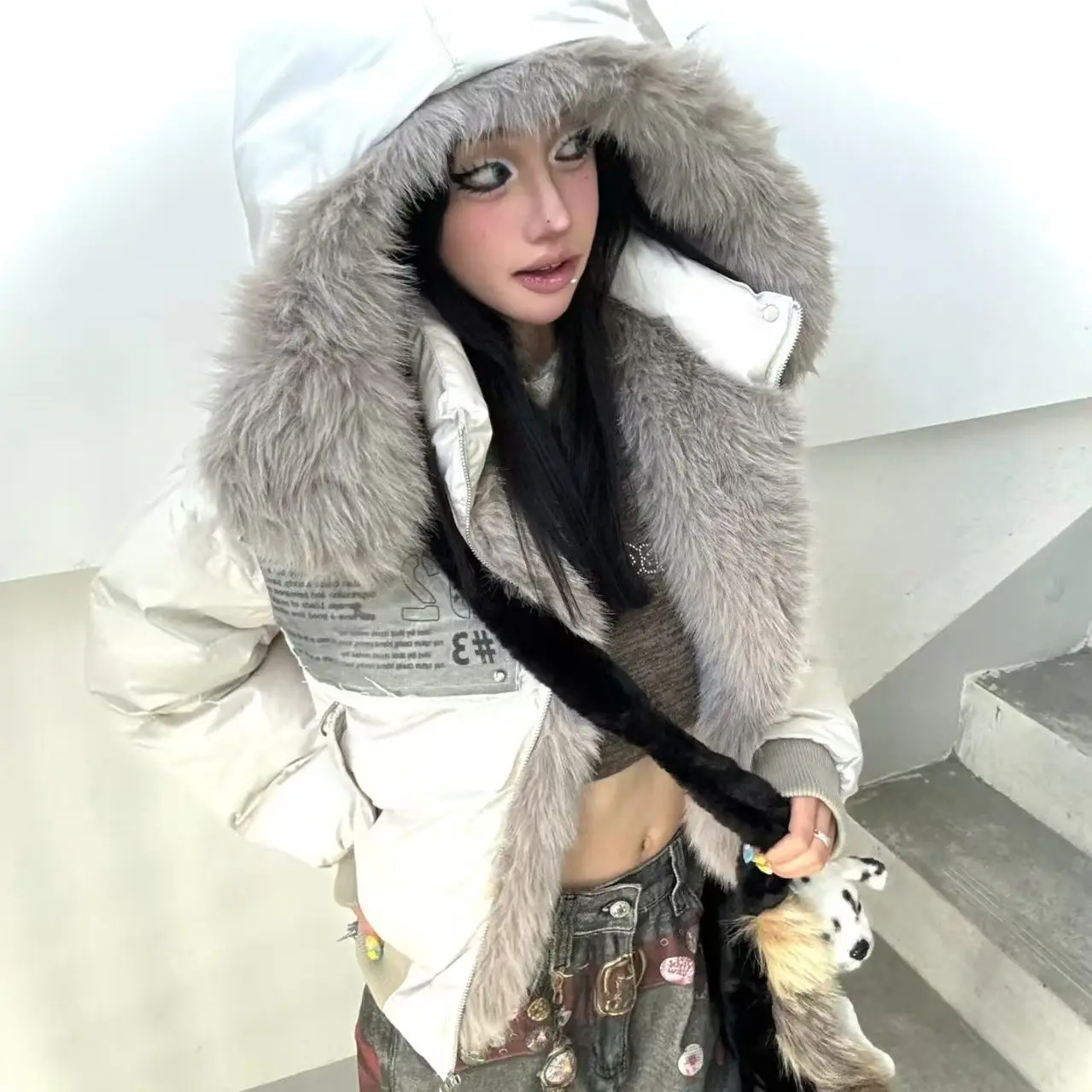 American Vintage Winter Clothes New Fashion Loose Casual Fur Collar Hooded Parkas Harajuku Grunge Streetwear Y2k Jackets Outwear