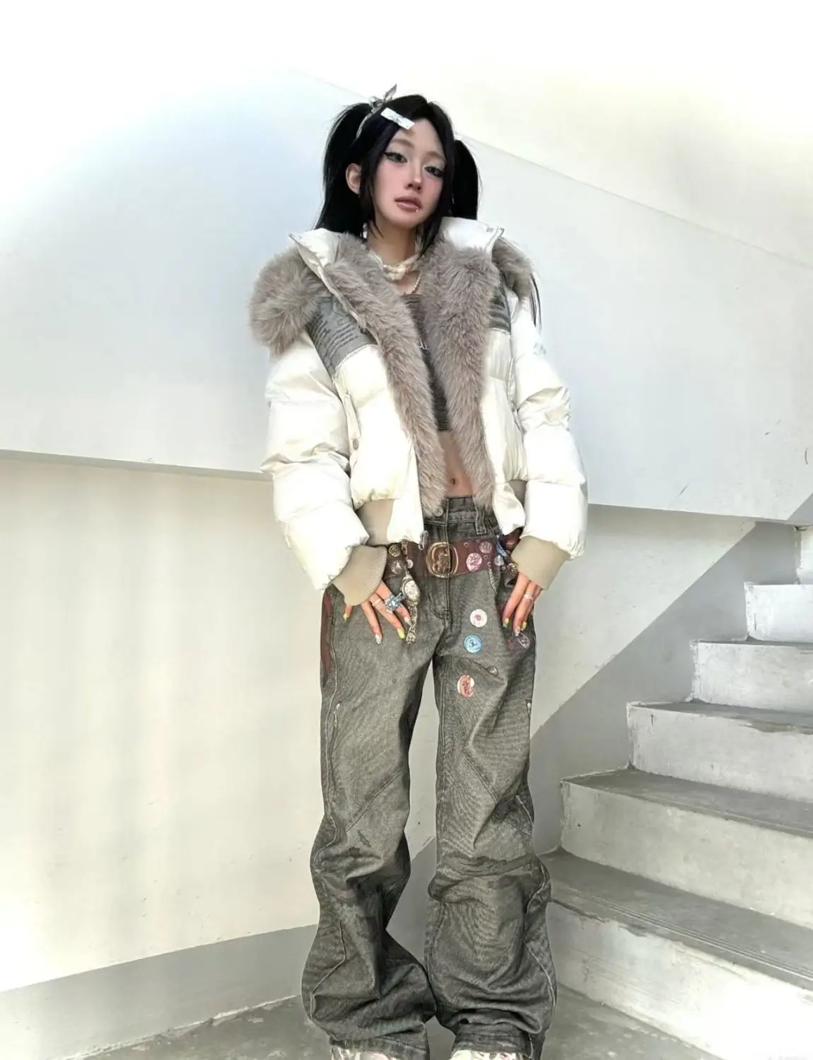 American Vintage Winter Clothes New Fashion Loose Casual Fur Collar Hooded Parkas Harajuku Grunge Streetwear Y2k Jackets Outwear