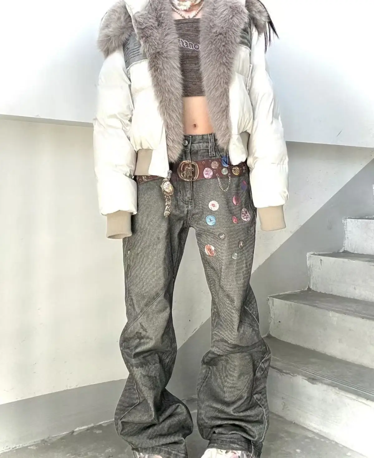 American Vintage Winter Clothes New Fashion Loose Casual Fur Collar Hooded Parkas Harajuku Grunge Streetwear Y2k Jackets Outwear