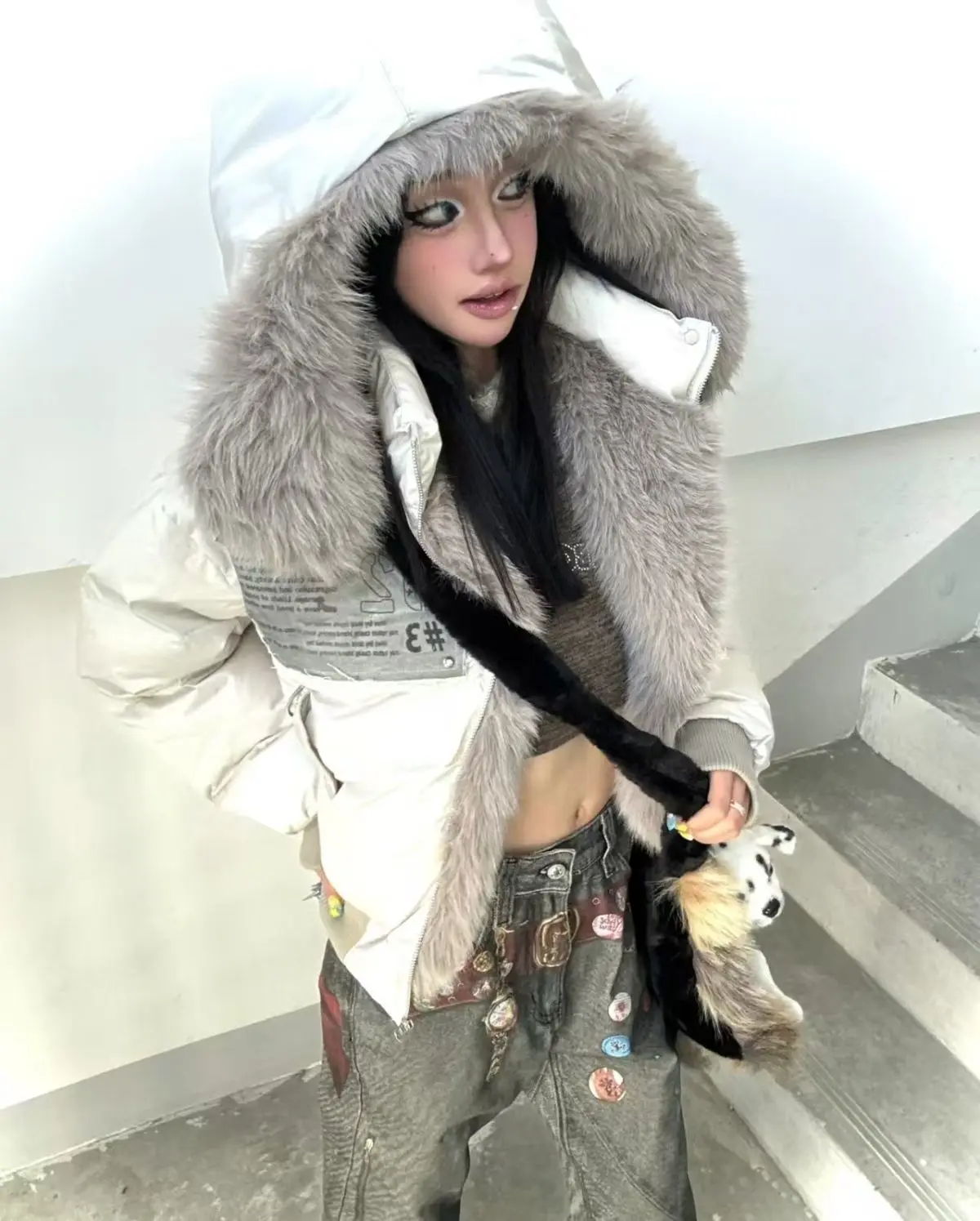 American Vintage Winter Clothes New Fashion Loose Casual Fur Collar Hooded Parkas Harajuku Grunge Streetwear Y2k Jackets Outwear