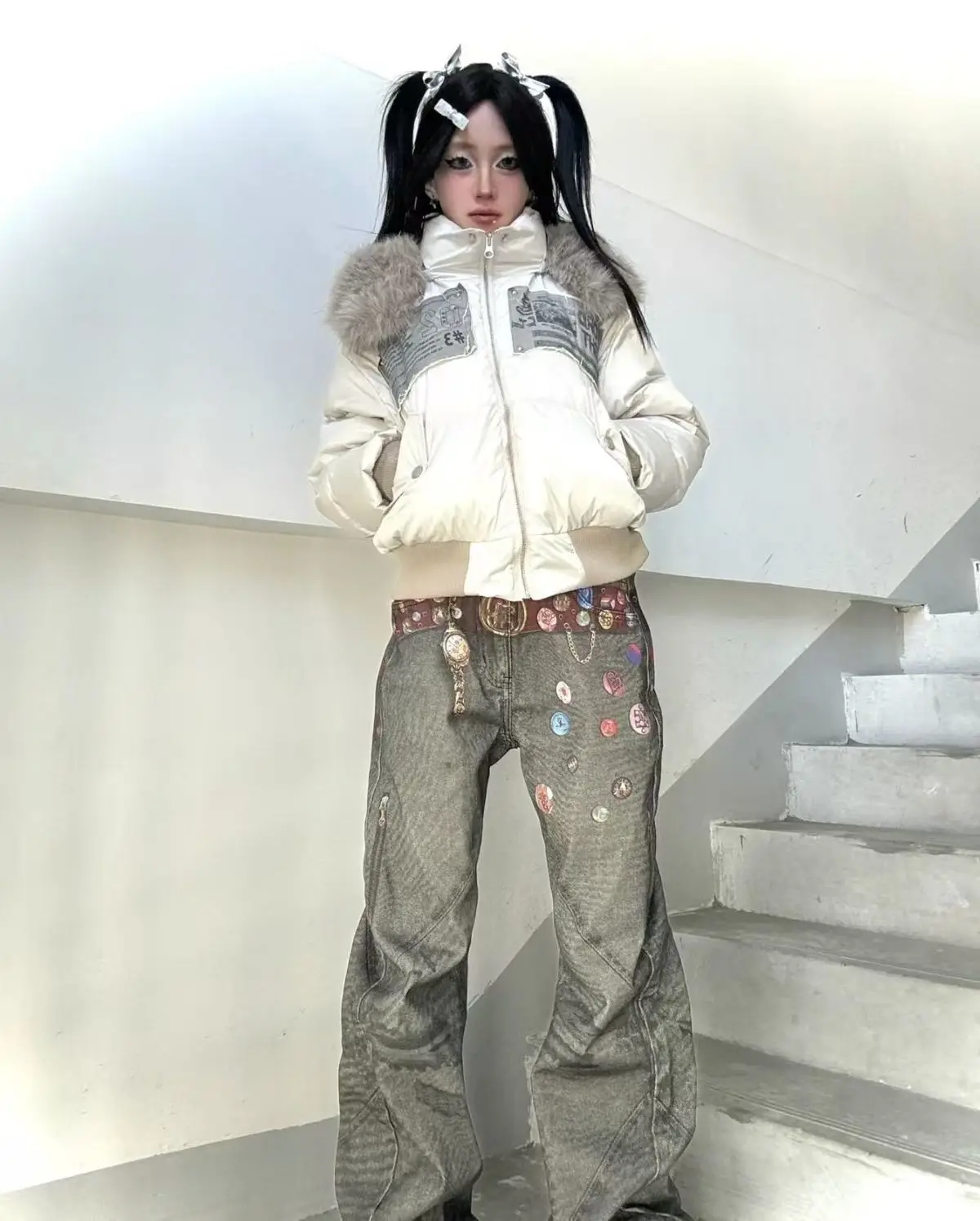 American Vintage Winter Clothes New Fashion Loose Casual Fur Collar Hooded Parkas Harajuku Grunge Streetwear Y2k Jackets Outwear