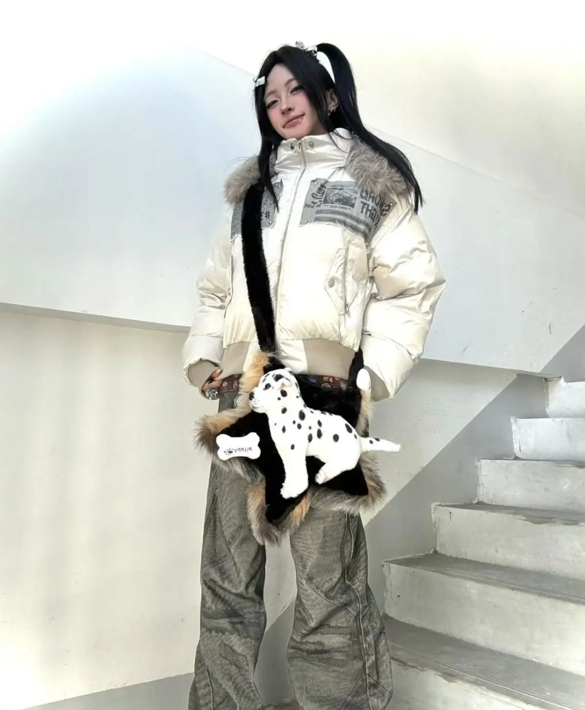 American Vintage Winter Clothes New Fashion Loose Casual Fur Collar Hooded Parkas Harajuku Grunge Streetwear Y2k Jackets Outwear