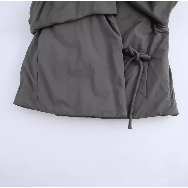 Casual Gray Lace Up Coat Women Cotton V-neck Luxury Pocket 2025 Autumn Thick Jackets Female Chic Street All-match Outwear Tops