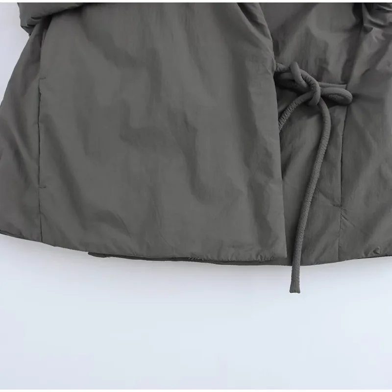 Casual Gray Lace Up Coat Women Cotton V-neck Luxury Pocket 2025 Autumn Thick Jackets Female Chic Street All-match Outwear Tops