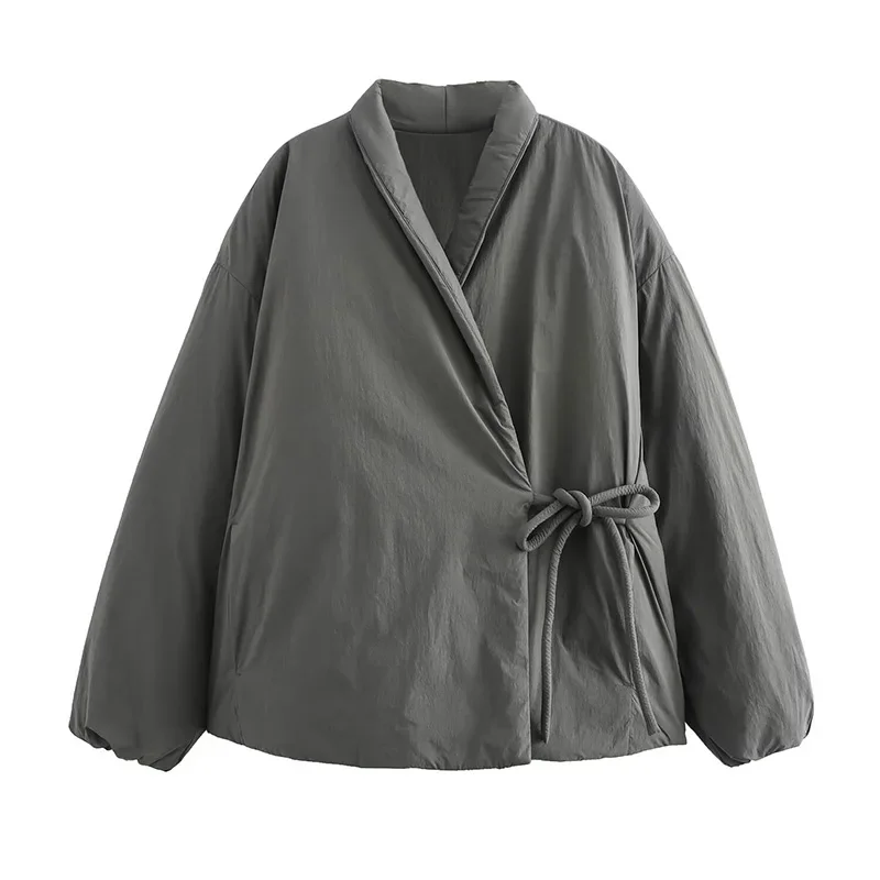 Casual Gray Lace Up Coat Women Cotton V-neck Luxury Pocket 2025 Autumn Thick Jackets Female Chic Street All-match Outwear Tops