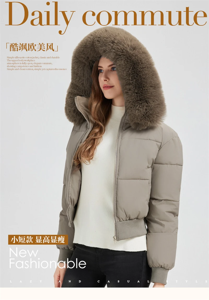 2025 European American New Style Big Fur Collar High Waisted Cotton Padded Jacket Women's Parkas Slim Fit Short Thick Jackets