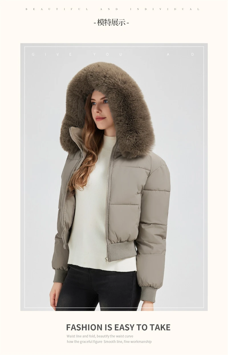 2025 European American New Style Big Fur Collar High Waisted Cotton Padded Jacket Women's Parkas Slim Fit Short Thick Jackets