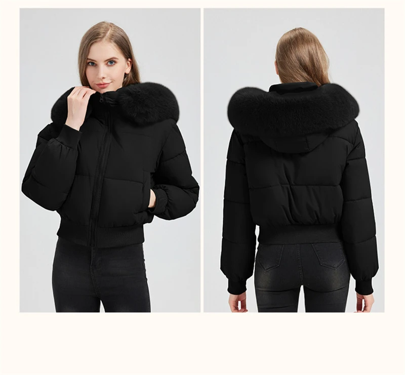 2025 European American New Style Big Fur Collar High Waisted Cotton Padded Jacket Women's Parkas Slim Fit Short Thick Jackets