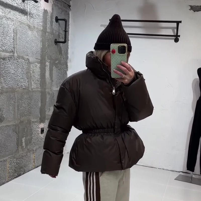 Women's Padded Jackets Hooded Stand Collar Zipper Cropped Coats Winter Female Lantern Sleeves Solid Loose Jacket New Outerwears