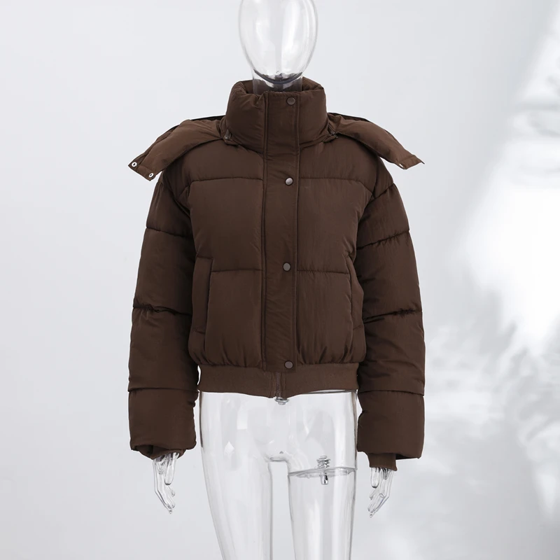 Women's Padded Jackets Hooded Stand Collar Zipper Cropped Coats Winter Female Lantern Sleeves Solid Loose Jacket New Outerwears