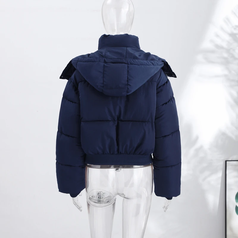 Women's Padded Jackets Hooded Stand Collar Zipper Cropped Coats Winter Female Lantern Sleeves Solid Loose Jacket New Outerwears