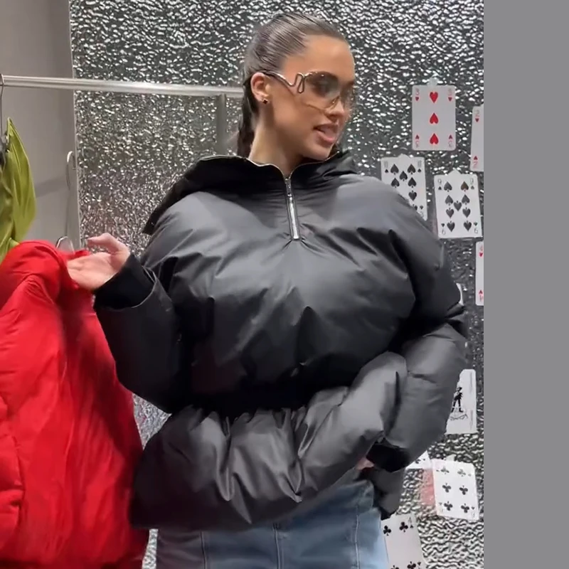 Women's Padded Jackets Hooded Stand Collar Zipper Cropped Coats Winter Female Lantern Sleeves Solid Loose Jacket New Outerwears