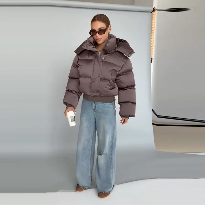 Women's Padded Jackets Hooded Stand Collar Zipper Cropped Coats Winter Female Lantern Sleeves Solid Loose Jacket New Outerwears