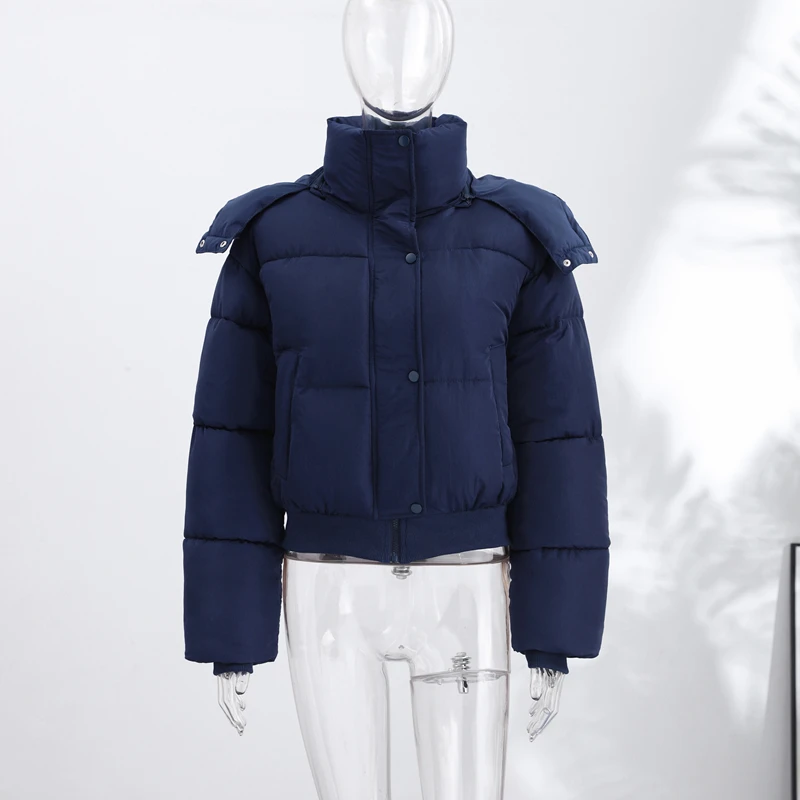 Women's Padded Jackets Hooded Stand Collar Zipper Cropped Coats Winter Female Lantern Sleeves Solid Loose Jacket New Outerwears