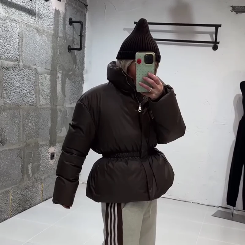 Women's Padded Jackets Hooded Stand Collar Zipper Cropped Coats Winter Female Lantern Sleeves Solid Loose Jacket New Outerwears