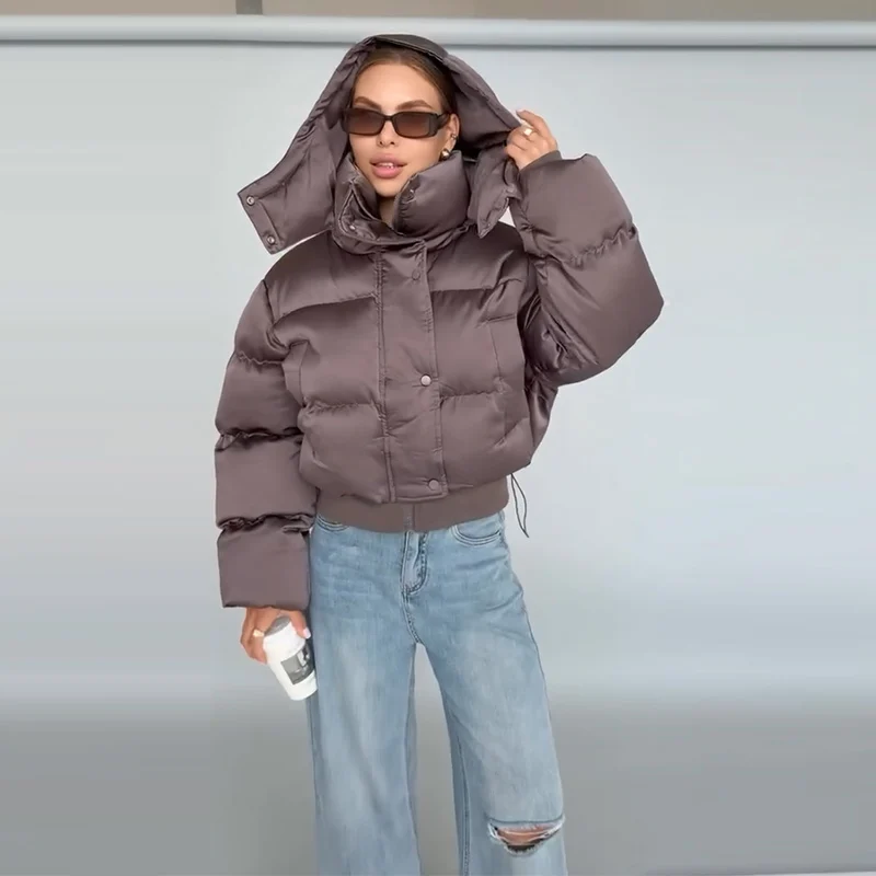 Women's Padded Jackets Hooded Stand Collar Zipper Cropped Coats Winter Female Lantern Sleeves Solid Loose Jacket New Outerwears