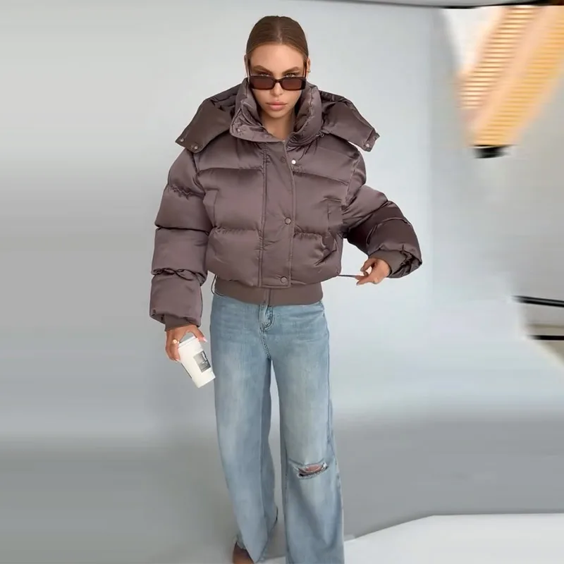 Women's Padded Jackets Hooded Stand Collar Zipper Cropped Coats Winter Female Lantern Sleeves Solid Loose Jacket New Outerwears