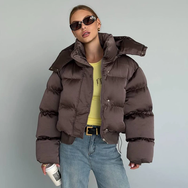 Women's Padded Jackets Hooded Stand Collar Zipper Cropped Coats Winter Female Lantern Sleeves Solid Loose Jacket New Outerwears