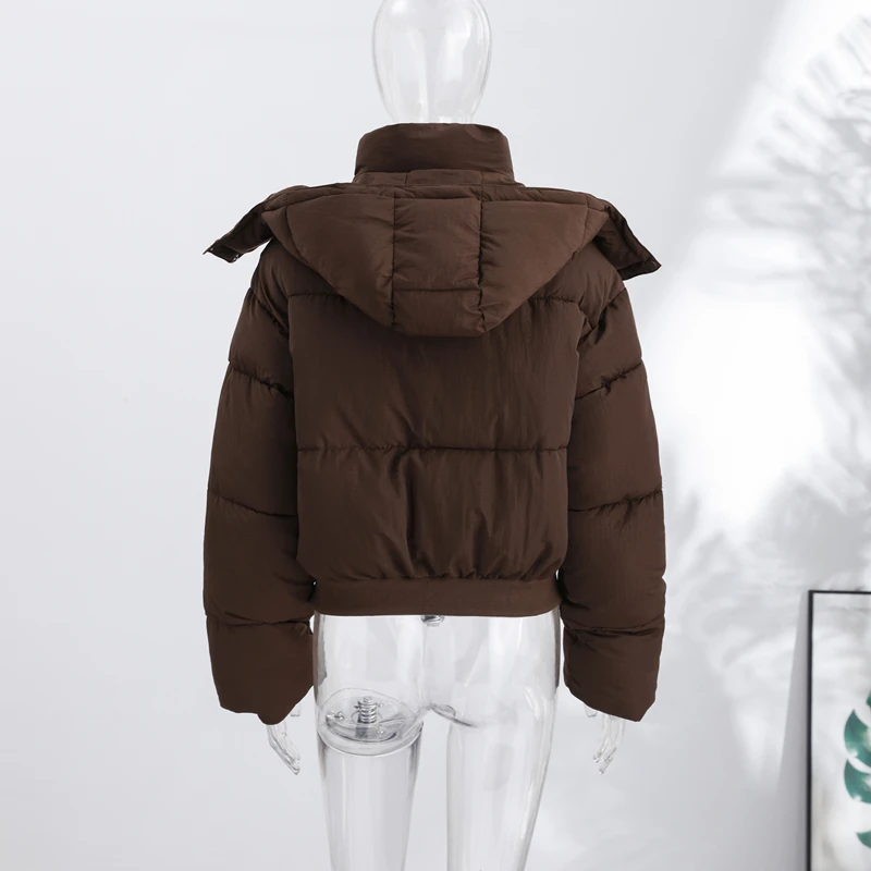 Women's Padded Jackets Hooded Stand Collar Zipper Cropped Coats Winter Female Lantern Sleeves Solid Loose Jacket New Outerwears
