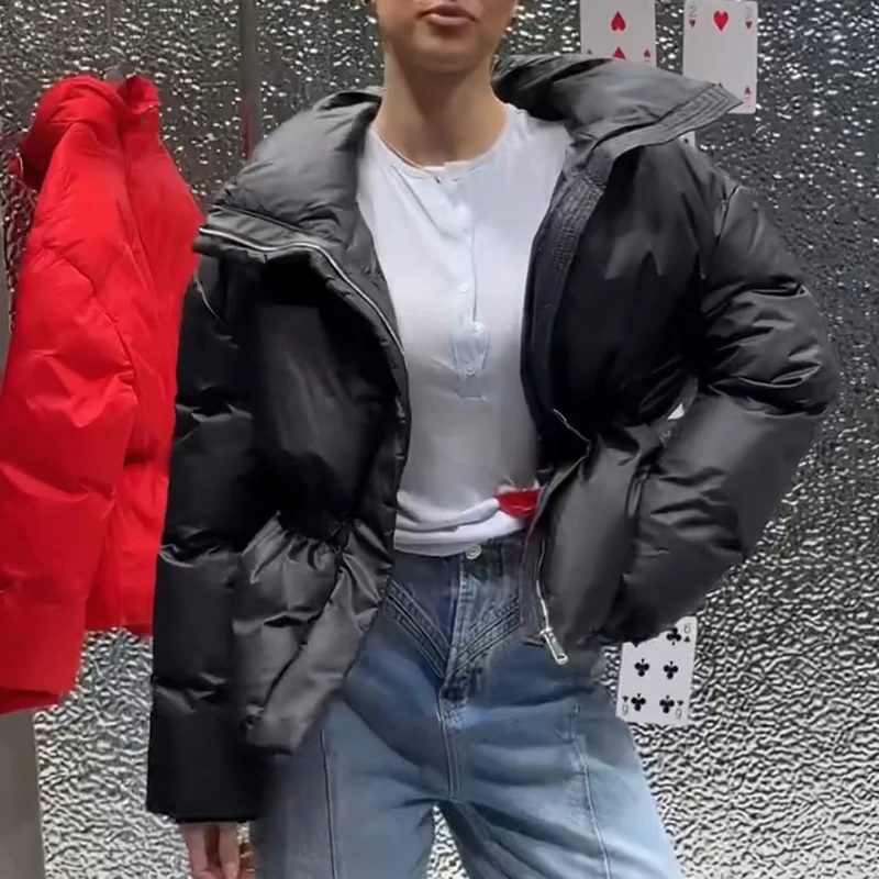 Women's Padded Jackets Hooded Stand Collar Zipper Cropped Coats Winter Female Lantern Sleeves Solid Loose Jacket New Outerwears