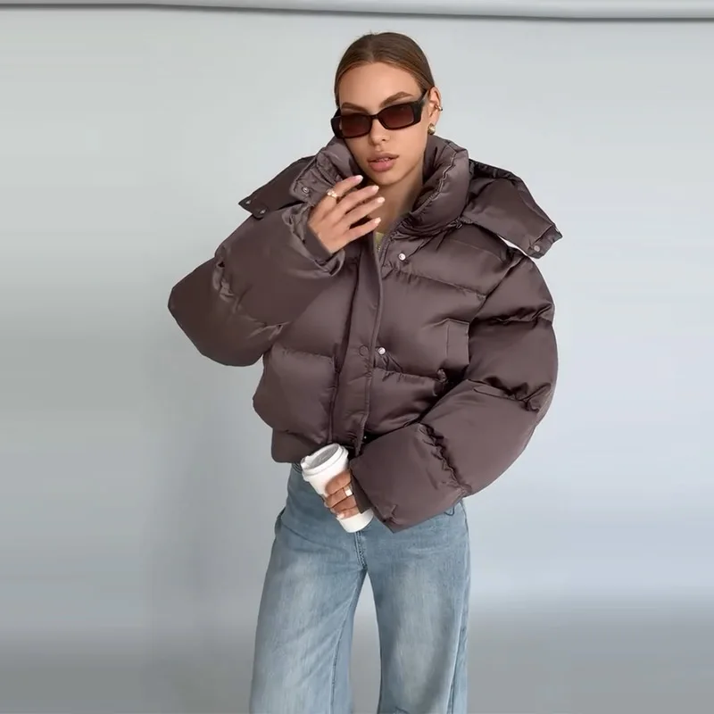 Women's Padded Jackets Hooded Stand Collar Zipper Cropped Coats Winter Female Lantern Sleeves Solid Loose Jacket New Outerwears