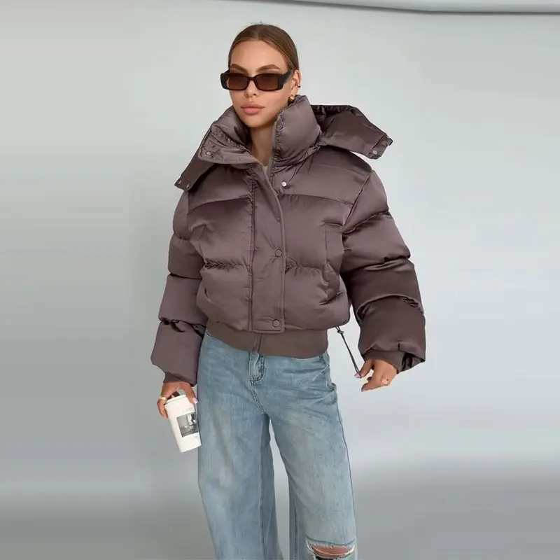 Women's Padded Jackets Hooded Stand Collar Zipper Cropped Coats Winter Female Lantern Sleeves Solid Loose Jacket New Outerwears