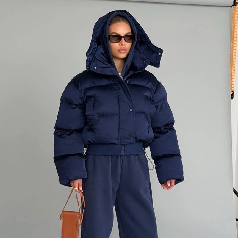 Women's Padded Jackets Hooded Stand Collar Zipper Cropped Coats Winter Female Lantern Sleeves Solid Loose Jacket New Outerwears