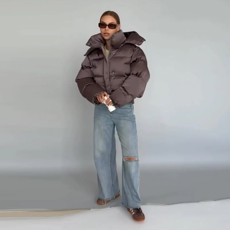 Women's Padded Jackets Hooded Stand Collar Zipper Cropped Coats Winter Female Lantern Sleeves Solid Loose Jacket New Outerwears