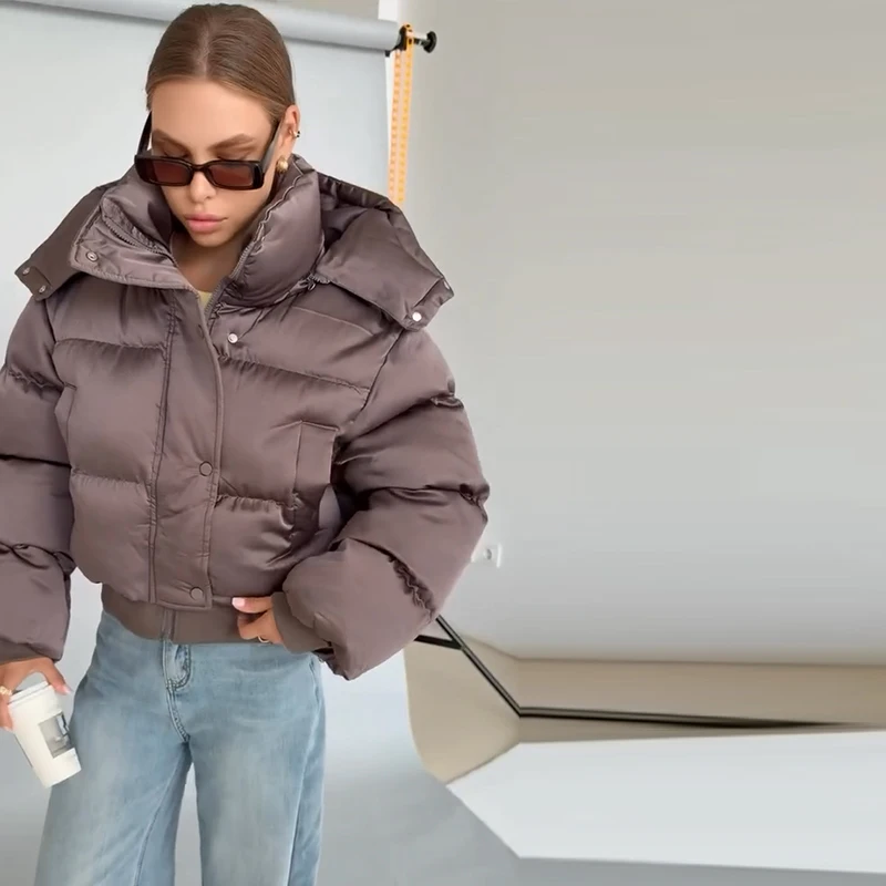 Women's Padded Jackets Hooded Stand Collar Zipper Cropped Coats Winter Female Lantern Sleeves Solid Loose Jacket New Outerwears