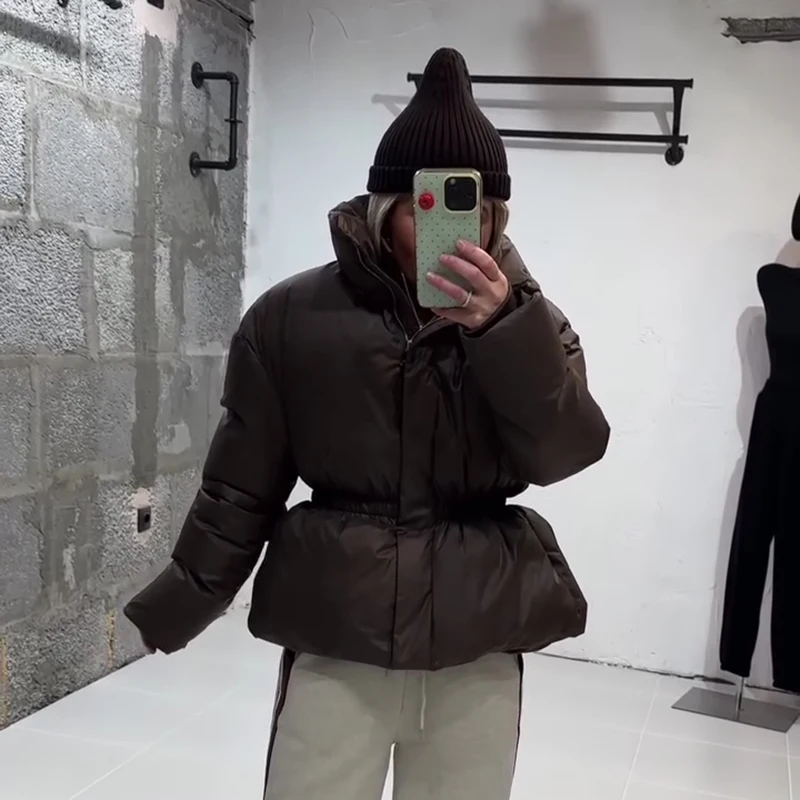 Women's Padded Jackets Hooded Stand Collar Zipper Cropped Coats Winter Female Lantern Sleeves Solid Loose Jacket New Outerwears