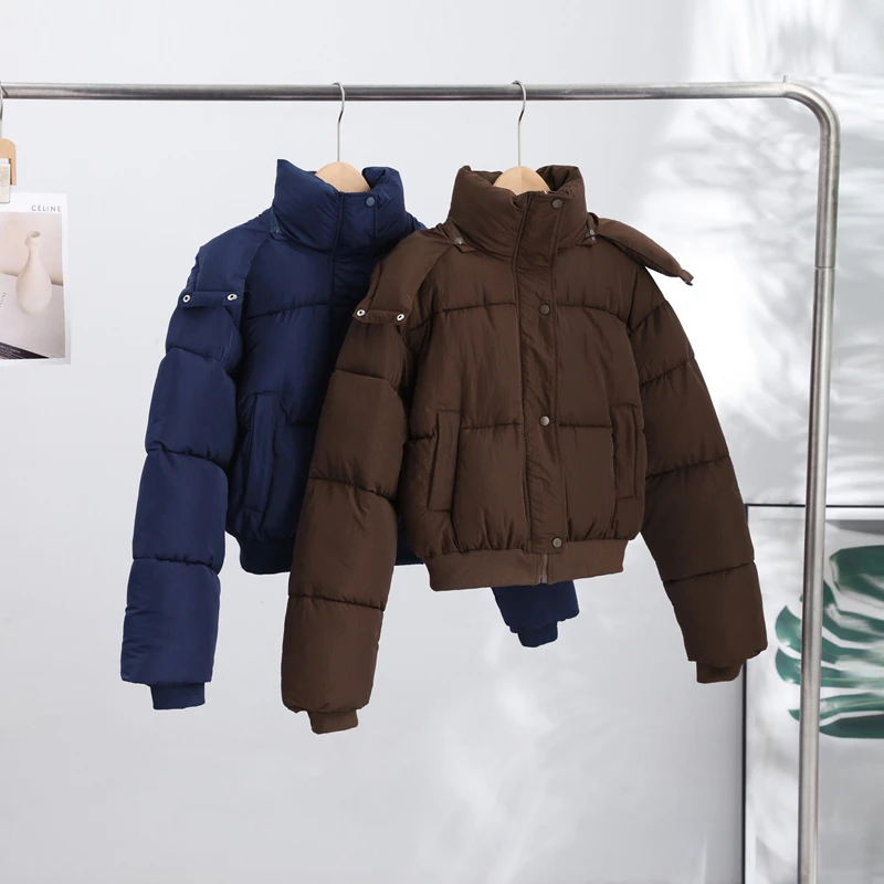 Women's Padded Jackets Hooded Stand Collar Zipper Cropped Coats Winter Female Lantern Sleeves Solid Loose Jacket New Outerwears
