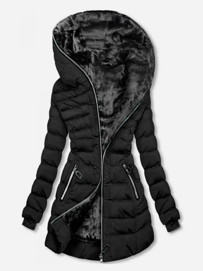 Winter Cotton-padded Clothes Womens Hooded Warm Velvet Cotton-padded Clothes Medium and Long Jackets Black Cotton-padded Jackets